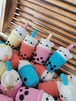 boba cat,boba keychain,boba cup,crochet keychain - image4